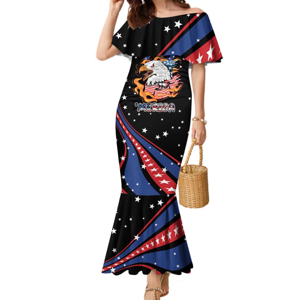 Personalized America History Began 4th of July Family Matching Mermaid Dress and Hawaiian Shirt Fire Bald Eagle US Flag