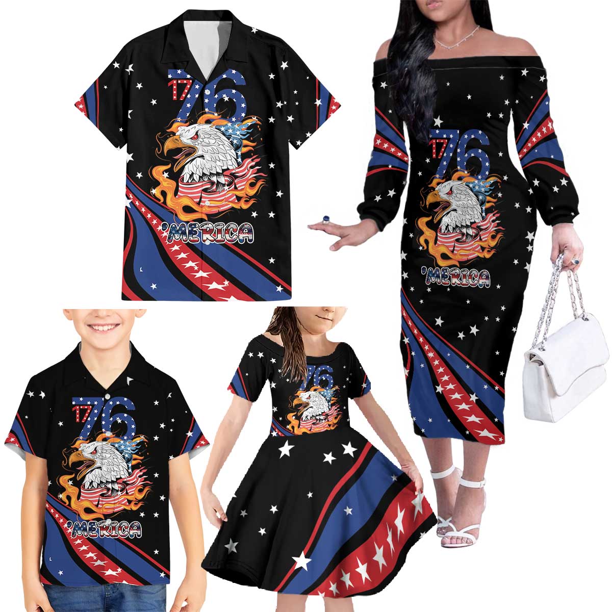 Personalized America History Began 4th of July Family Matching Off The Shoulder Long Sleeve Dress and Hawaiian Shirt Fire Bald Eagle US Flag