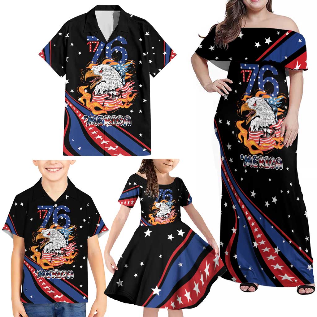 Personalized America History Began 4th of July Family Matching Off Shoulder Maxi Dress and Hawaiian Shirt Fire Bald Eagle US Flag