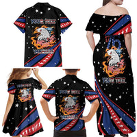 Personalized America History Began 4th of July Family Matching Off Shoulder Maxi Dress and Hawaiian Shirt Fire Bald Eagle US Flag