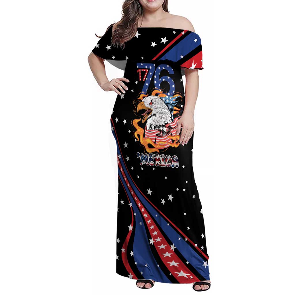 Personalized America History Began 4th of July Family Matching Off Shoulder Maxi Dress and Hawaiian Shirt Fire Bald Eagle US Flag