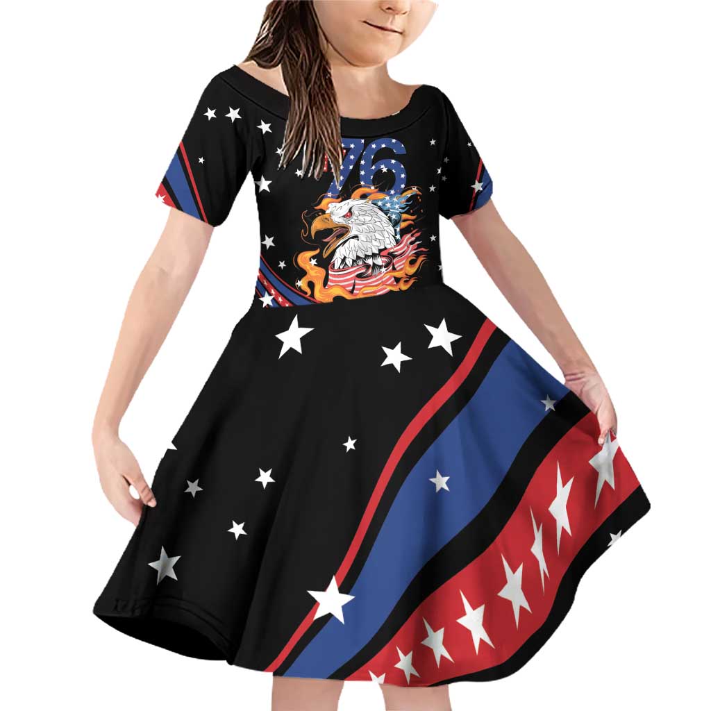 Personalized America History Began 4th of July Family Matching Off Shoulder Short Dress and Hawaiian Shirt Fire Bald Eagle US Flag