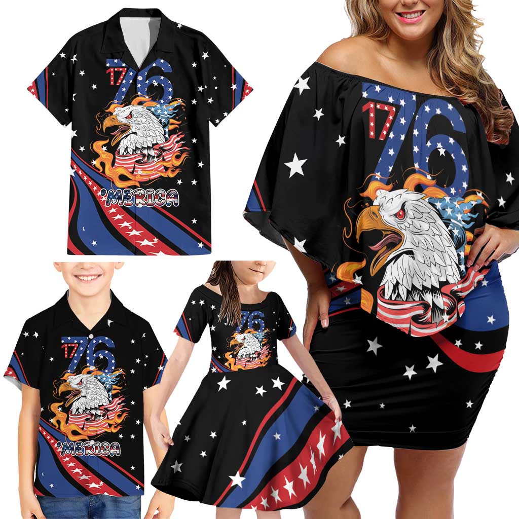 Personalized America History Began 4th of July Family Matching Off Shoulder Short Dress and Hawaiian Shirt Fire Bald Eagle US Flag