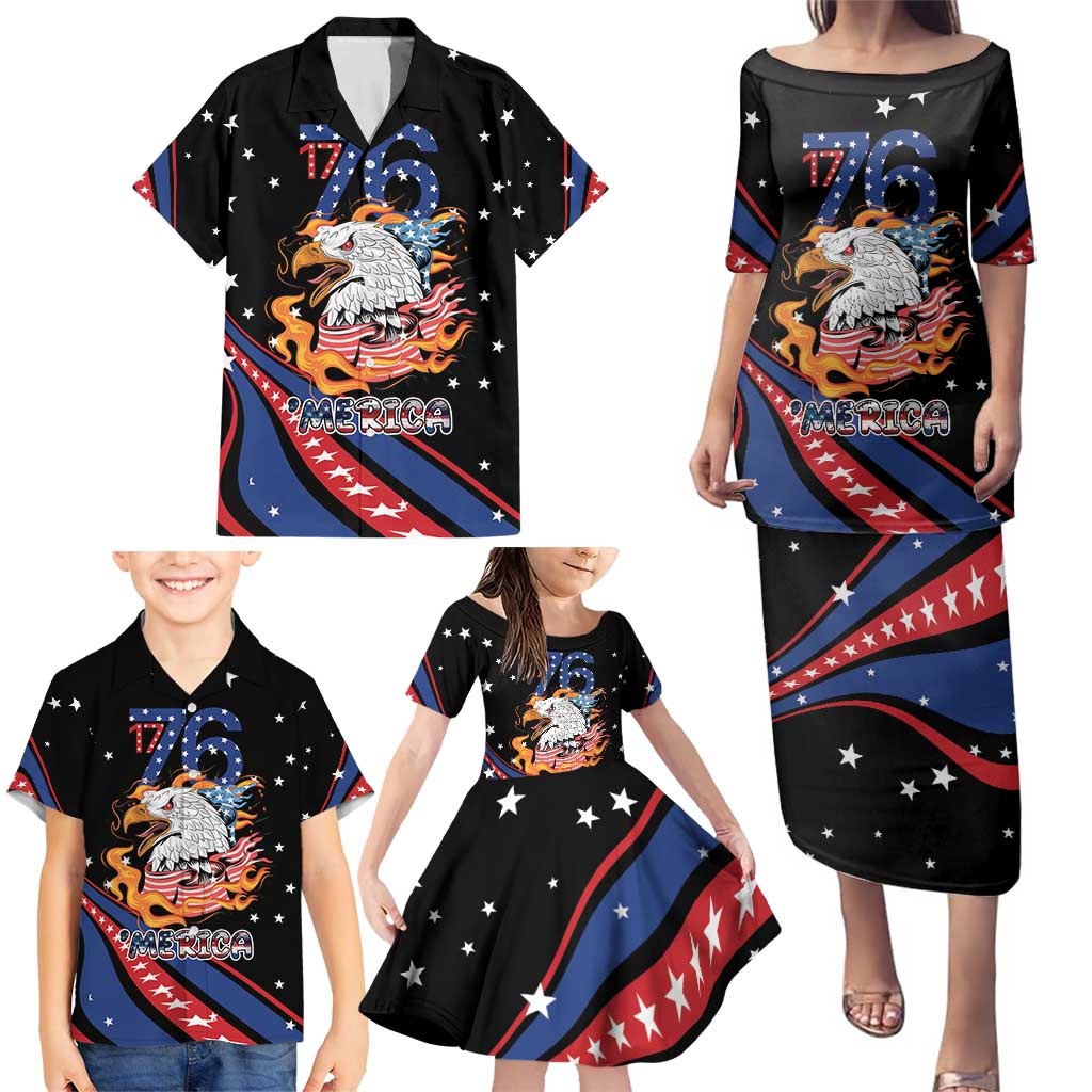 Personalized America History Began 4th of July Family Matching Puletasi and Hawaiian Shirt Fire Bald Eagle US Flag