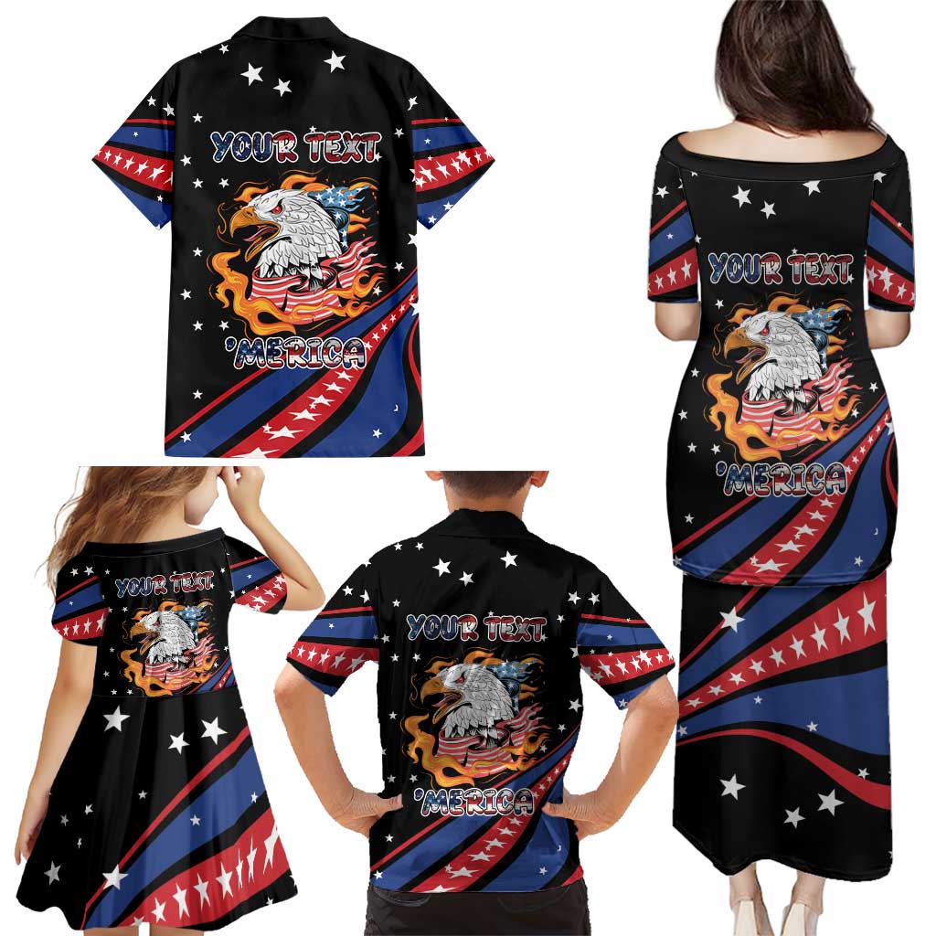 Personalized America History Began 4th of July Family Matching Puletasi and Hawaiian Shirt Fire Bald Eagle US Flag