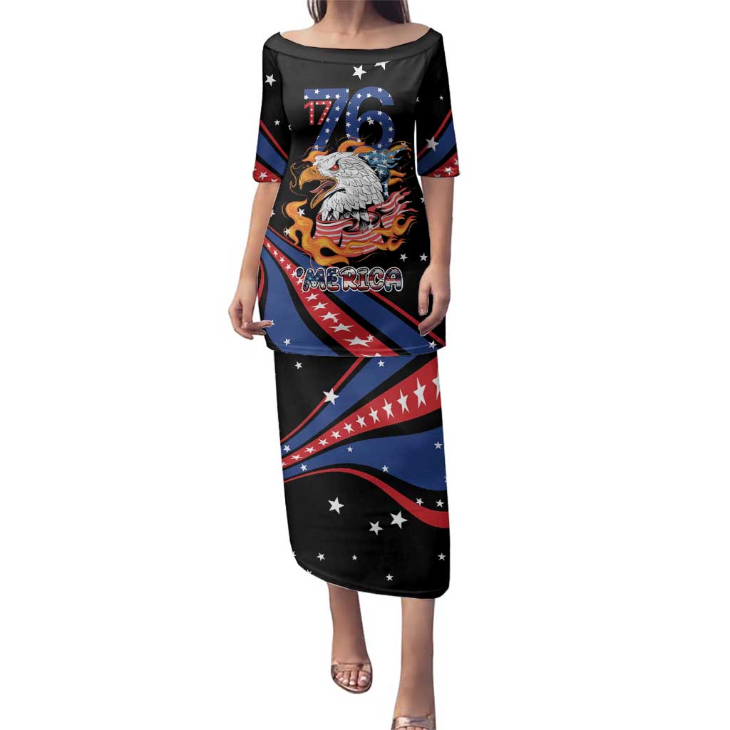 Personalized America History Began 4th of July Family Matching Puletasi and Hawaiian Shirt Fire Bald Eagle US Flag