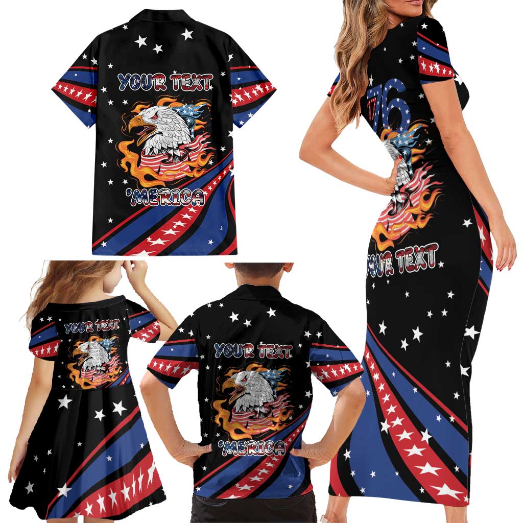 Personalized America History Began 4th of July Family Matching Short Sleeve Bodycon Dress and Hawaiian Shirt Fire Bald Eagle US Flag