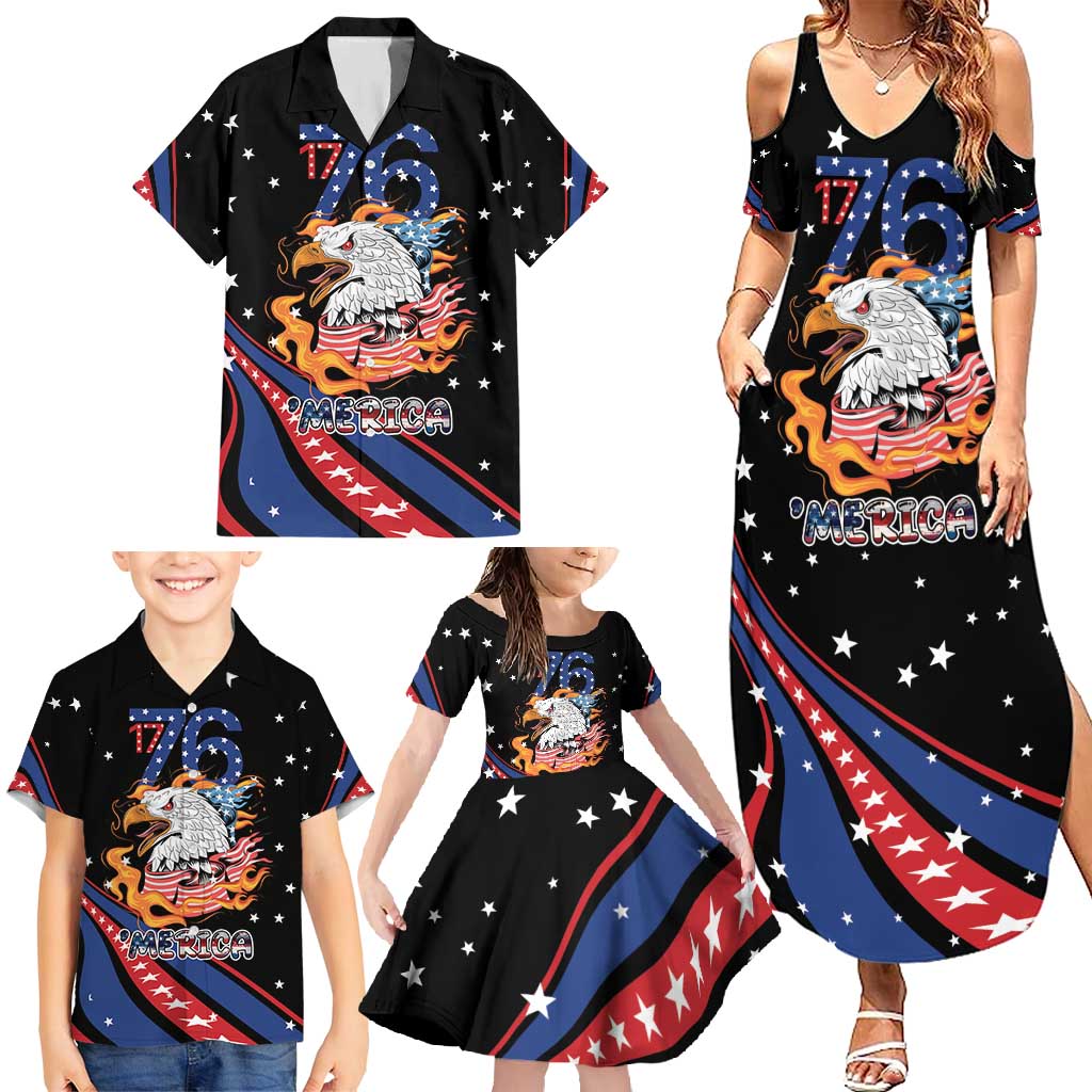Personalized America History Began 4th of July Family Matching Summer Maxi Dress and Hawaiian Shirt Fire Bald Eagle US Flag