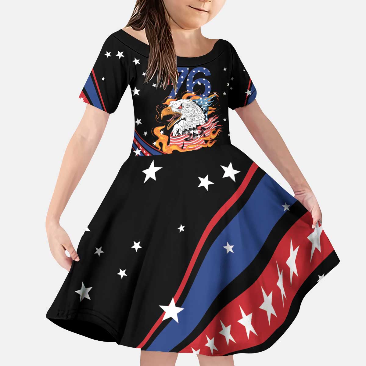 Personalized America History Began 4th of July Kid Short Sleeve Dress Fire Bald Eagle US Flag