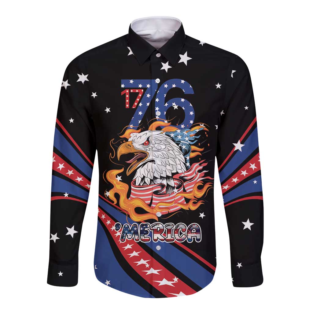 Personalized America History Began 4th of July Long Sleeve Button Shirt Fire Bald Eagle US Flag
