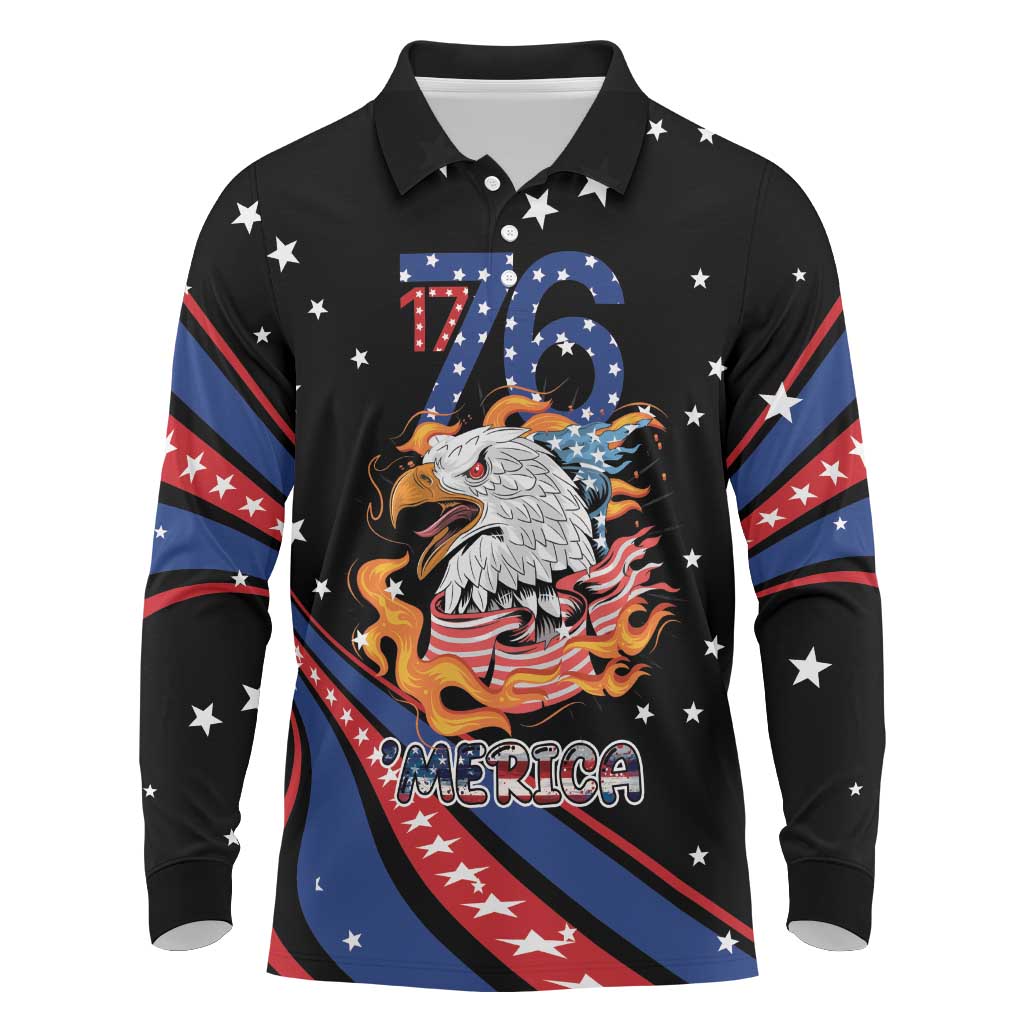 Personalized America History Began 4th of July Long Sleeve Polo Shirt Fire Bald Eagle US Flag