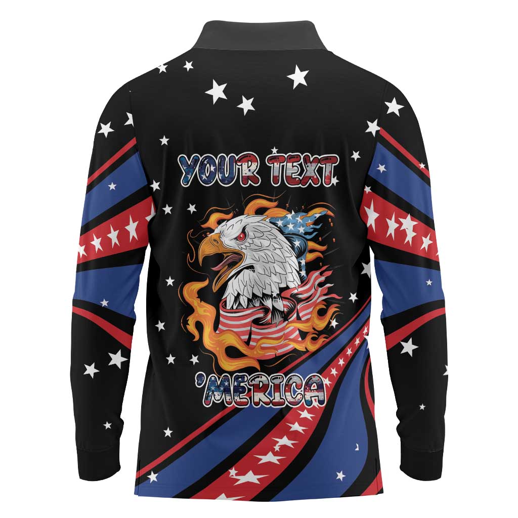 Personalized America History Began 4th of July Long Sleeve Polo Shirt Fire Bald Eagle US Flag