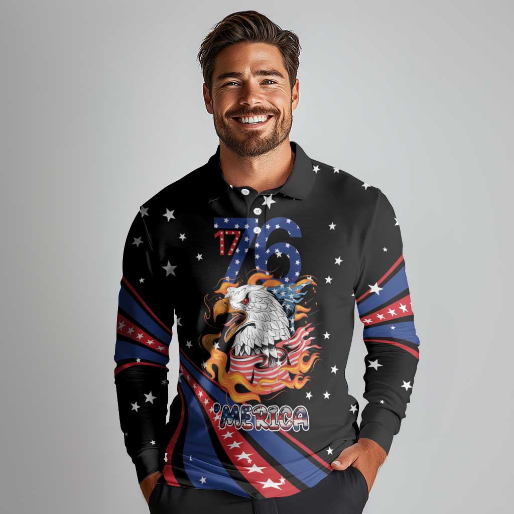 Personalized America History Began 4th of July Long Sleeve Polo Shirt Fire Bald Eagle US Flag