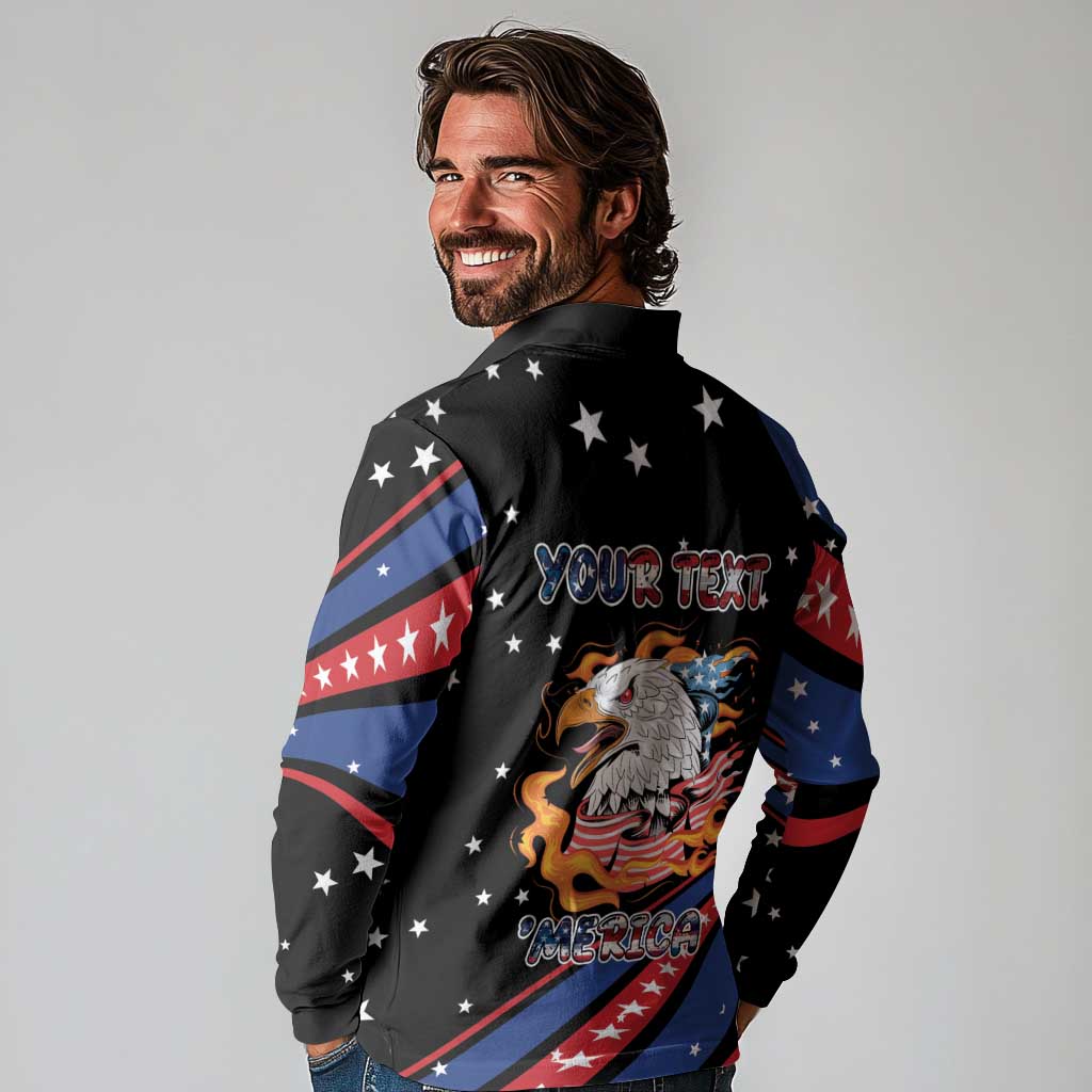 Personalized America History Began 4th of July Long Sleeve Polo Shirt Fire Bald Eagle US Flag