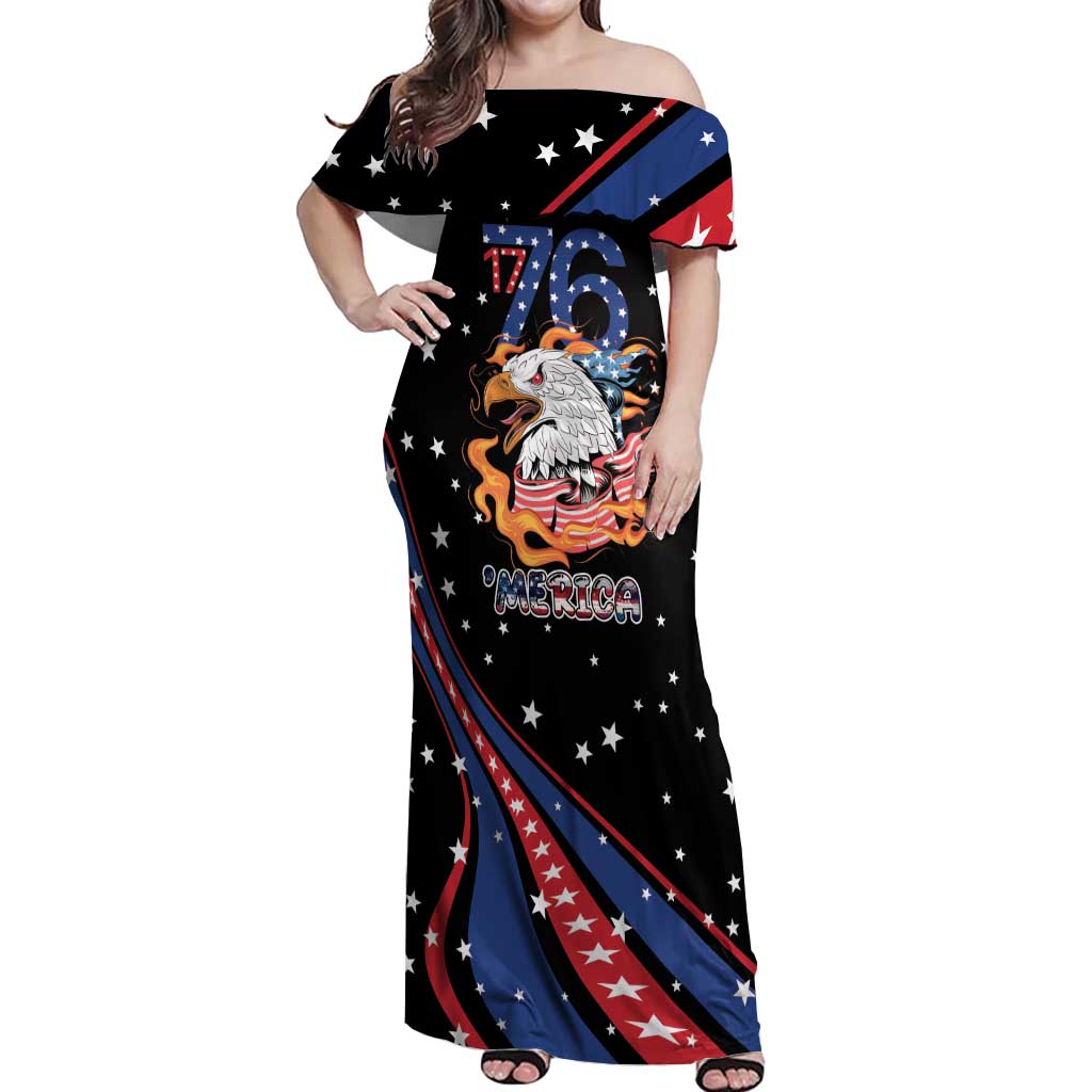 Personalized America History Began 4th of July Off Shoulder Maxi Dress Fire Bald Eagle US Flag