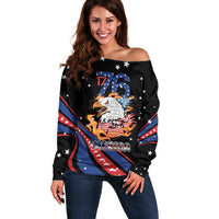 Personalized America History Began 4th of July Off Shoulder Sweater Fire Bald Eagle US Flag
