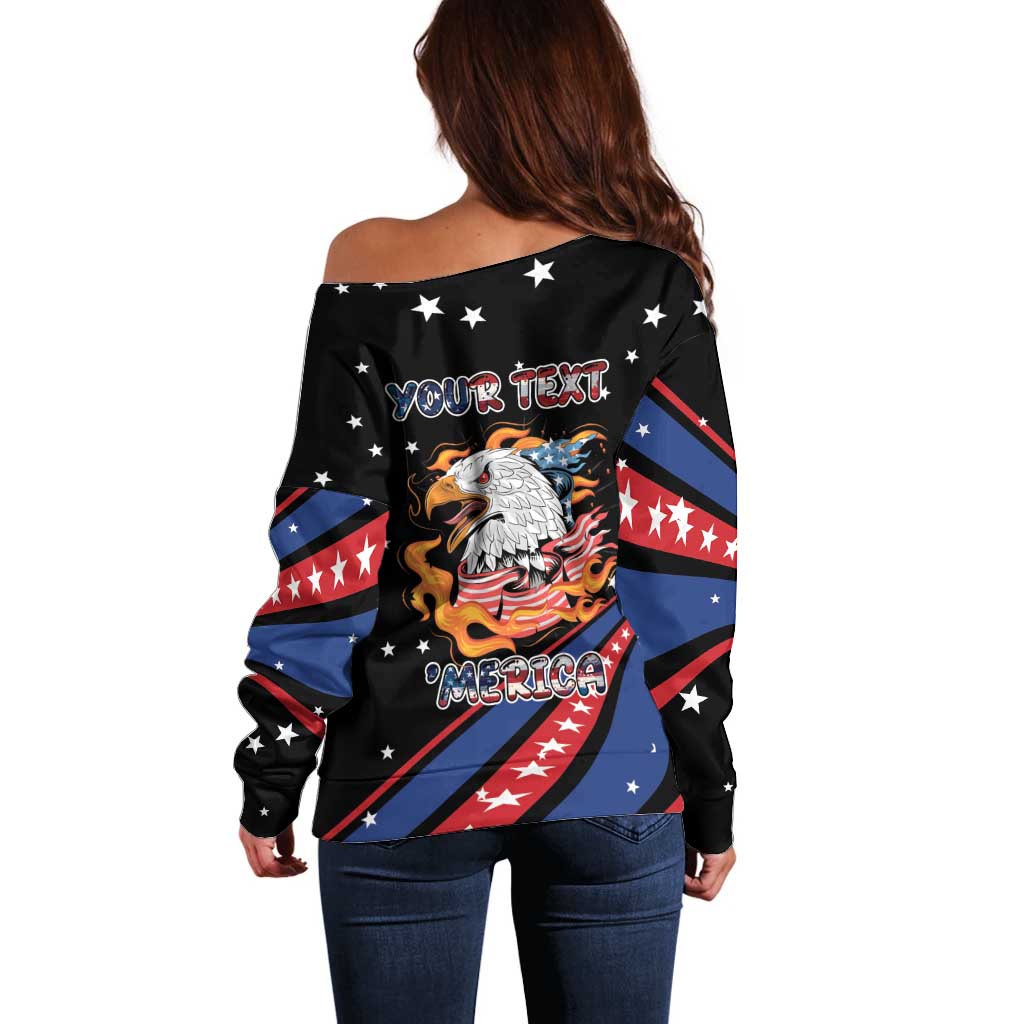 Personalized America History Began 4th of July Off Shoulder Sweater Fire Bald Eagle US Flag