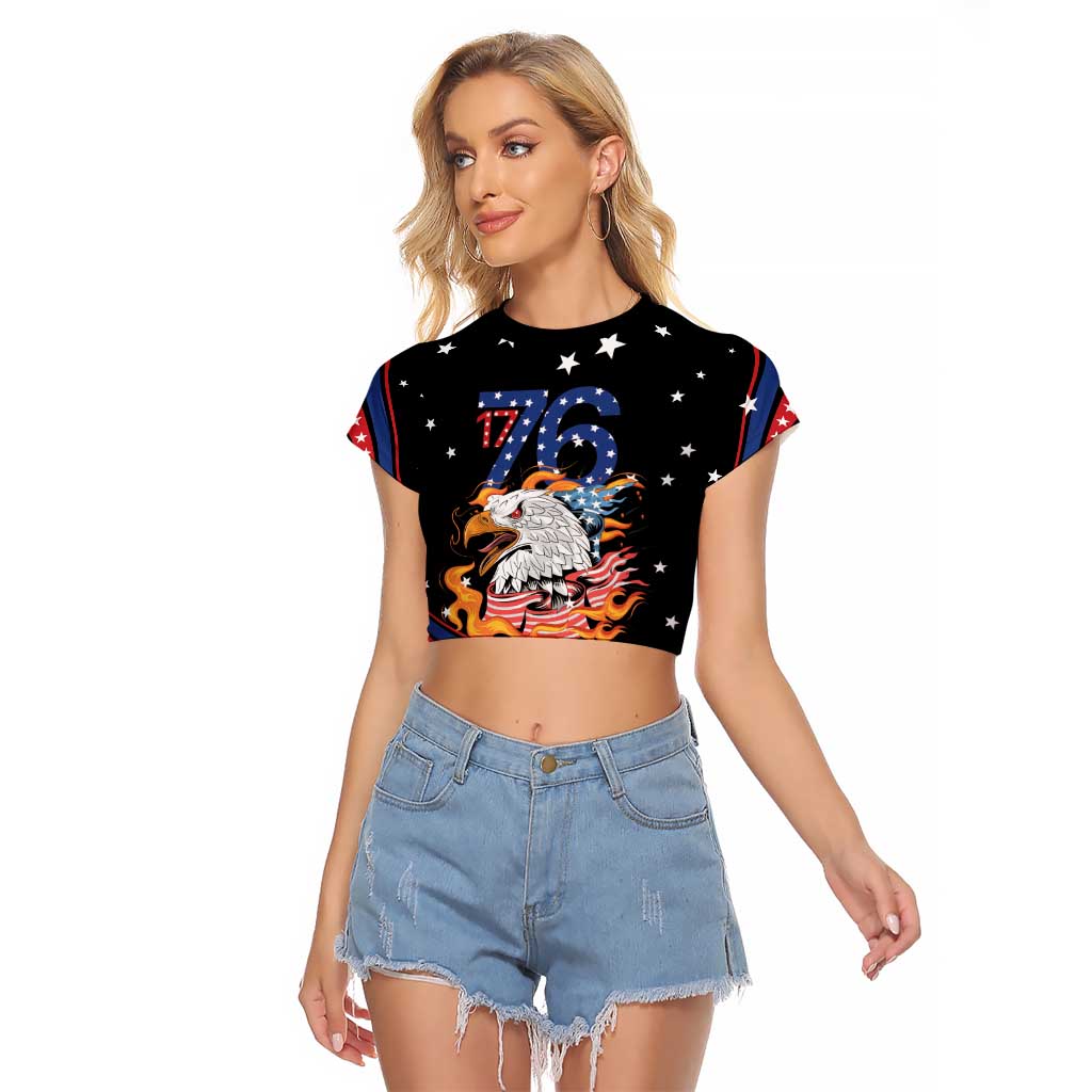 Personalized America History Began 4th of July Raglan Cropped T Shirt Fire Bald Eagle US Flag