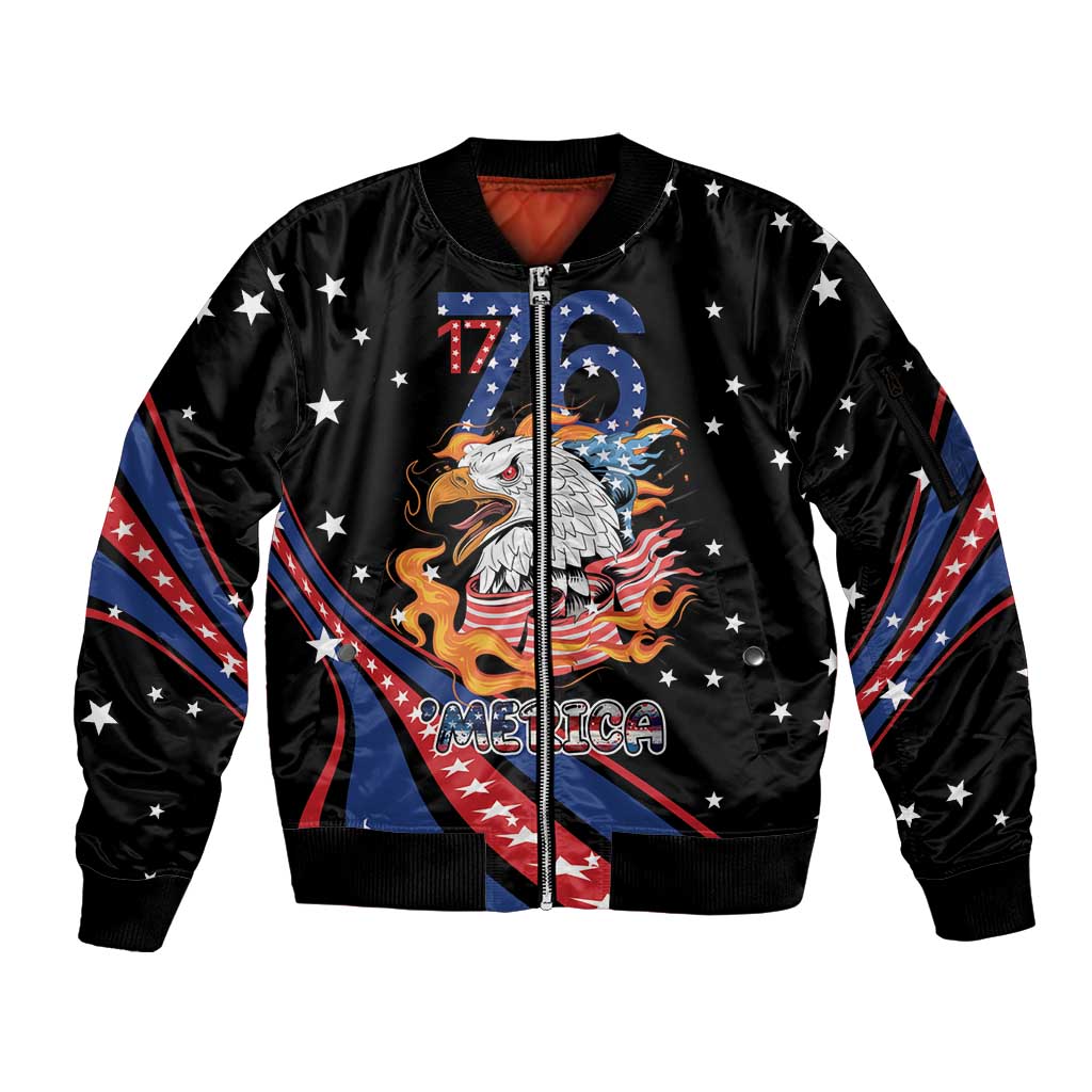 Personalized America History Began 4th of July Sleeve Zip Bomber Jacket Fire Bald Eagle US Flag