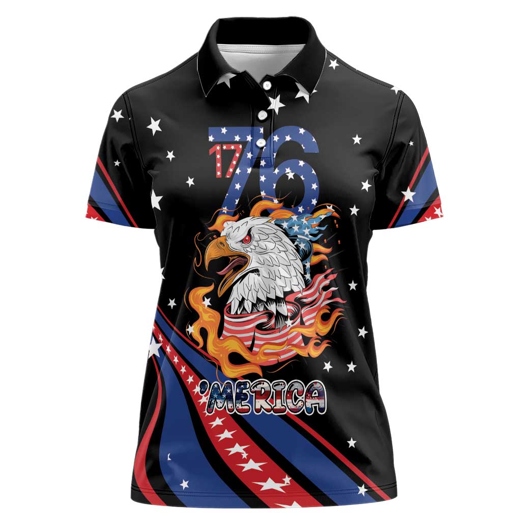 Personalized America History Began 4th of July Women Polo Shirt Fire Bald Eagle US Flag