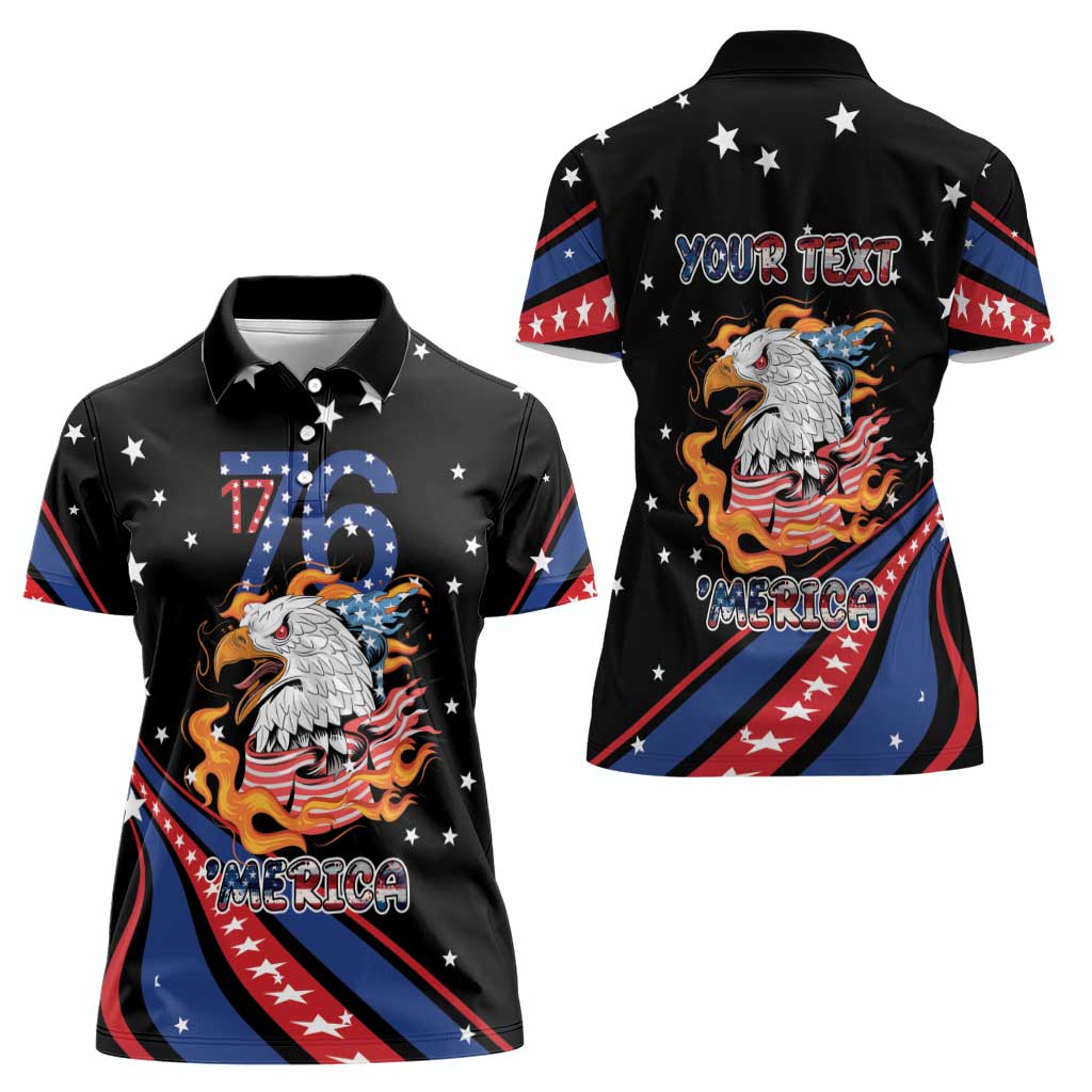 Personalized America History Began 4th of July Women Polo Shirt Fire Bald Eagle US Flag