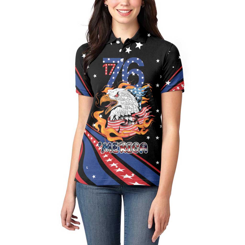Personalized America History Began 4th of July Women Polo Shirt Fire Bald Eagle US Flag