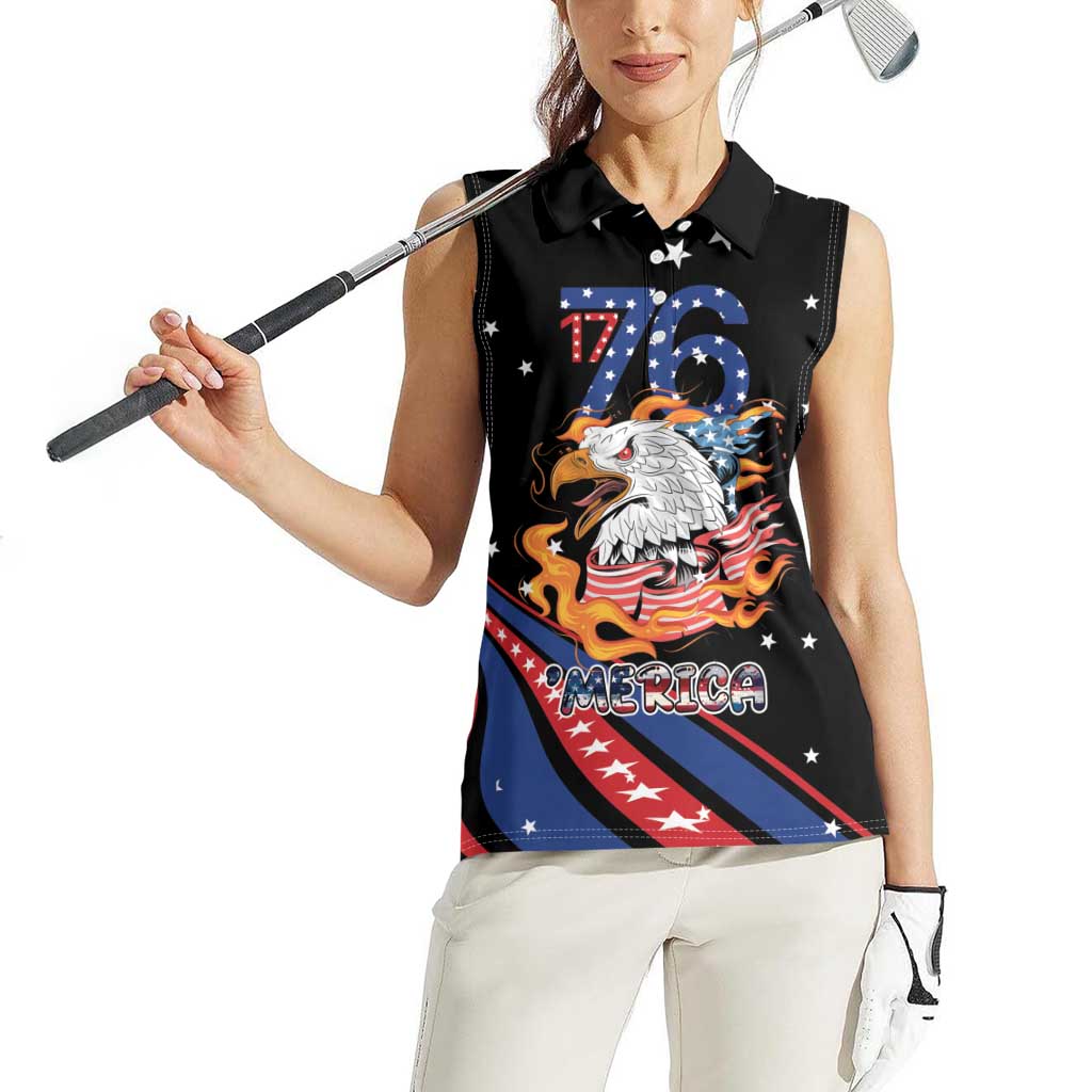Personalized America History Began 4th of July Women Sleeveless Polo Shirt Fire Bald Eagle US Flag