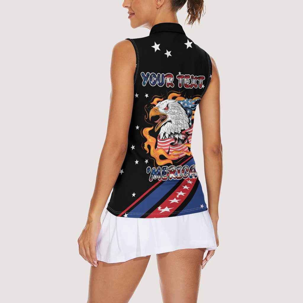 Personalized America History Began 4th of July Women Sleeveless Polo Shirt Fire Bald Eagle US Flag