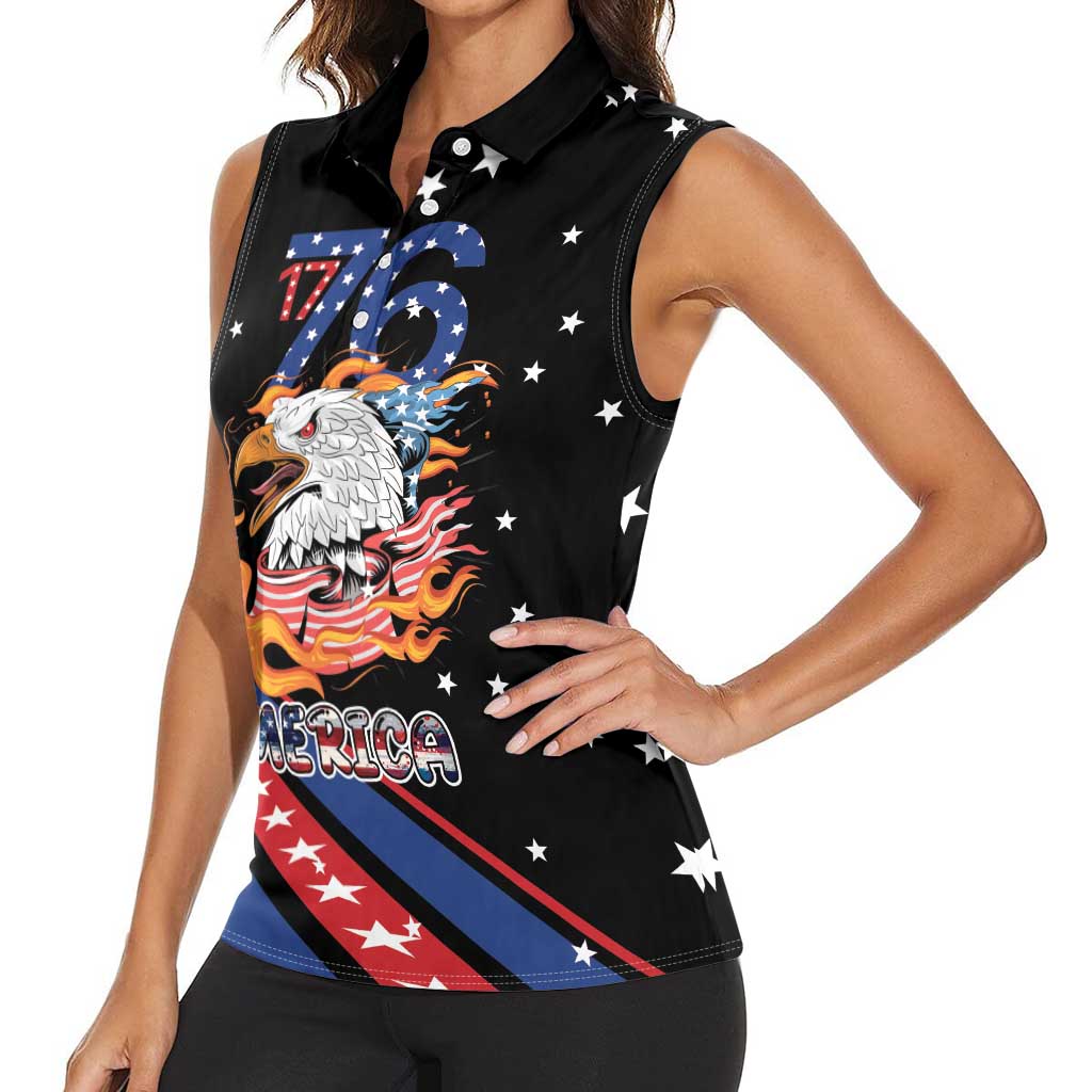 Personalized America History Began 4th of July Women Sleeveless Polo Shirt Fire Bald Eagle US Flag