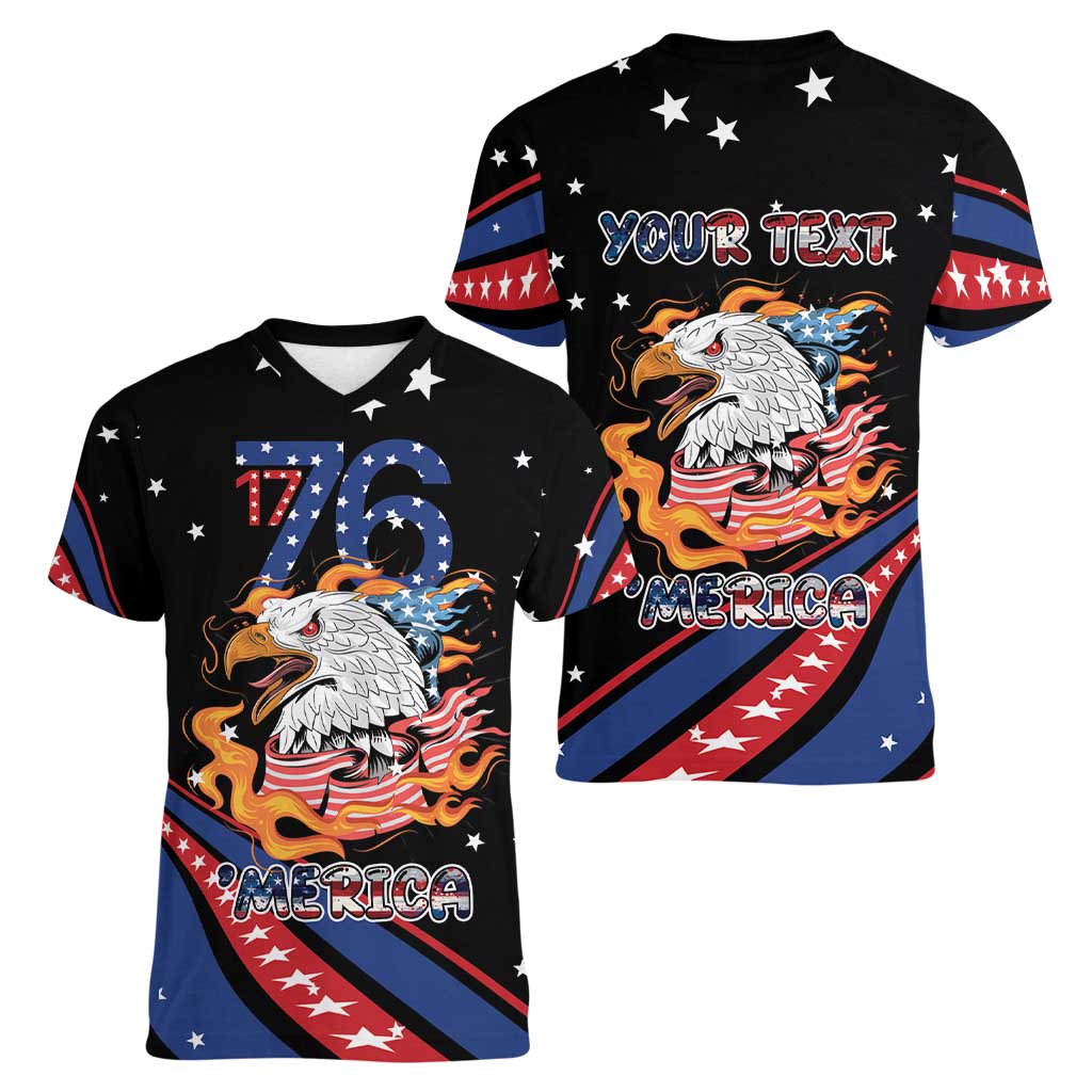 Personalized America History Began 4th of July Women V-Neck T-Shirt Fire Bald Eagle US Flag