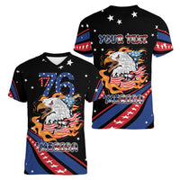 Personalized America History Began 4th of July Women V-Neck T-Shirt Fire Bald Eagle US Flag