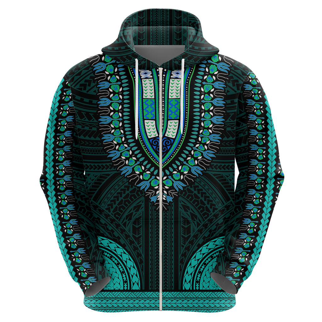 African Dashiki Hoodie With Polynesian Pattern - Teal - Wonder Print Shop