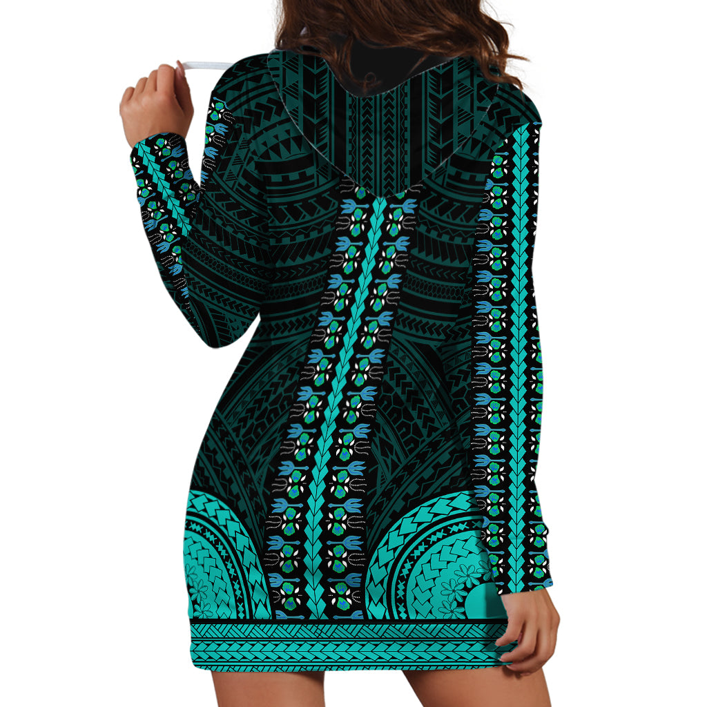 African Dashiki Hoodie Dress With Polynesian Pattern - Teal - Wonder Print Shop