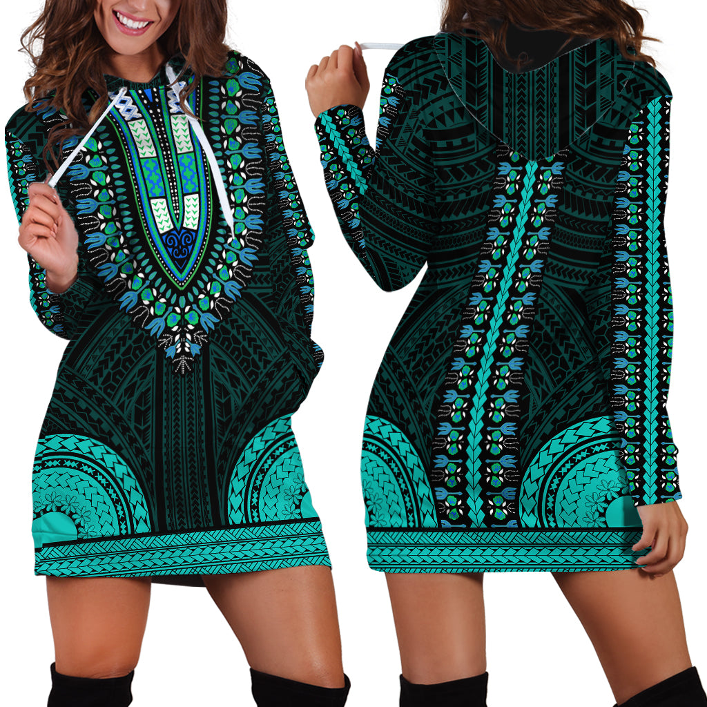 African Dashiki Hoodie Dress With Polynesian Pattern - Teal - Wonder Print Shop