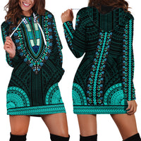 African Dashiki Hoodie Dress With Polynesian Pattern - Teal - Wonder Print Shop