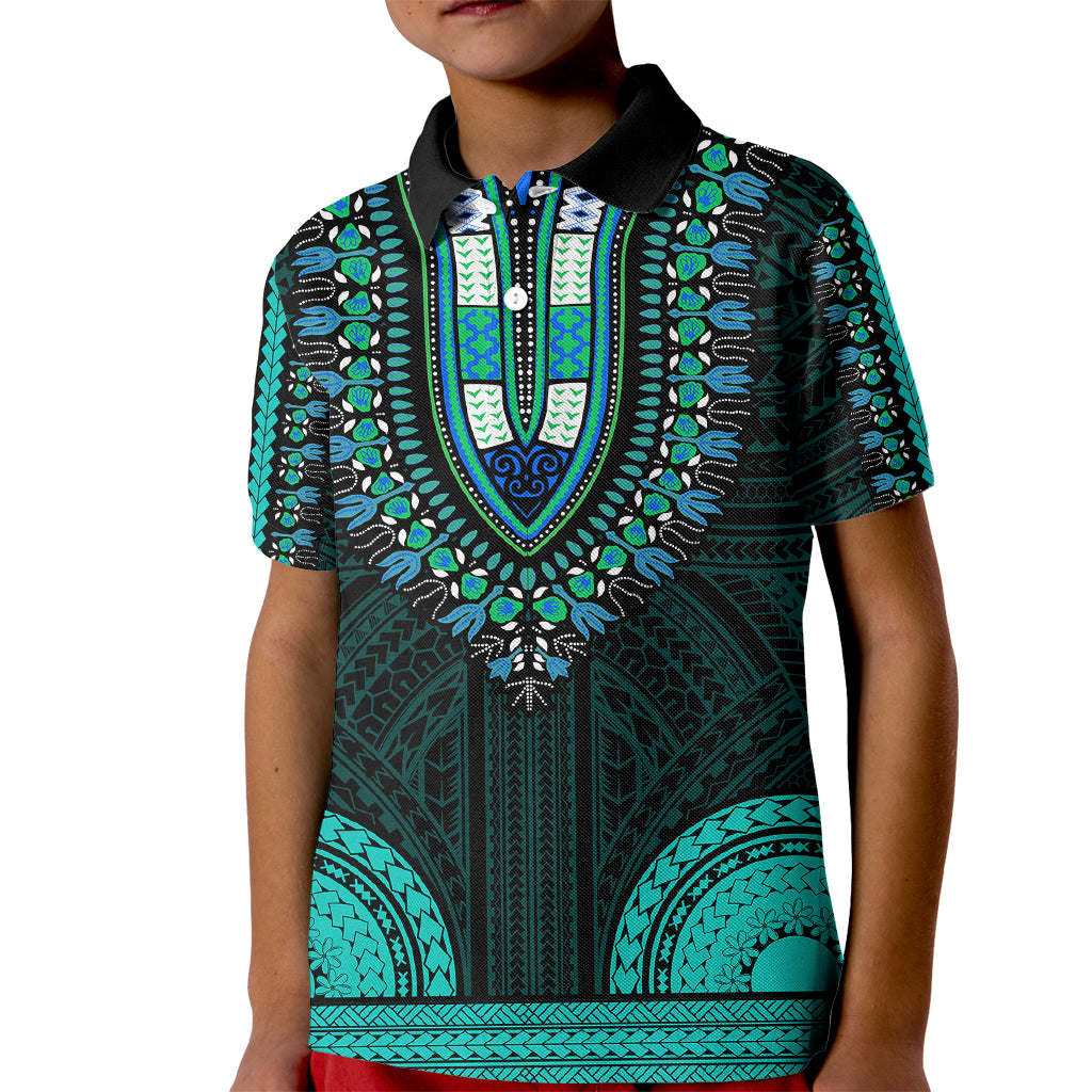 African Dashiki Kid Polo Shirt With Polynesian Pattern - Teal - Wonder Print Shop