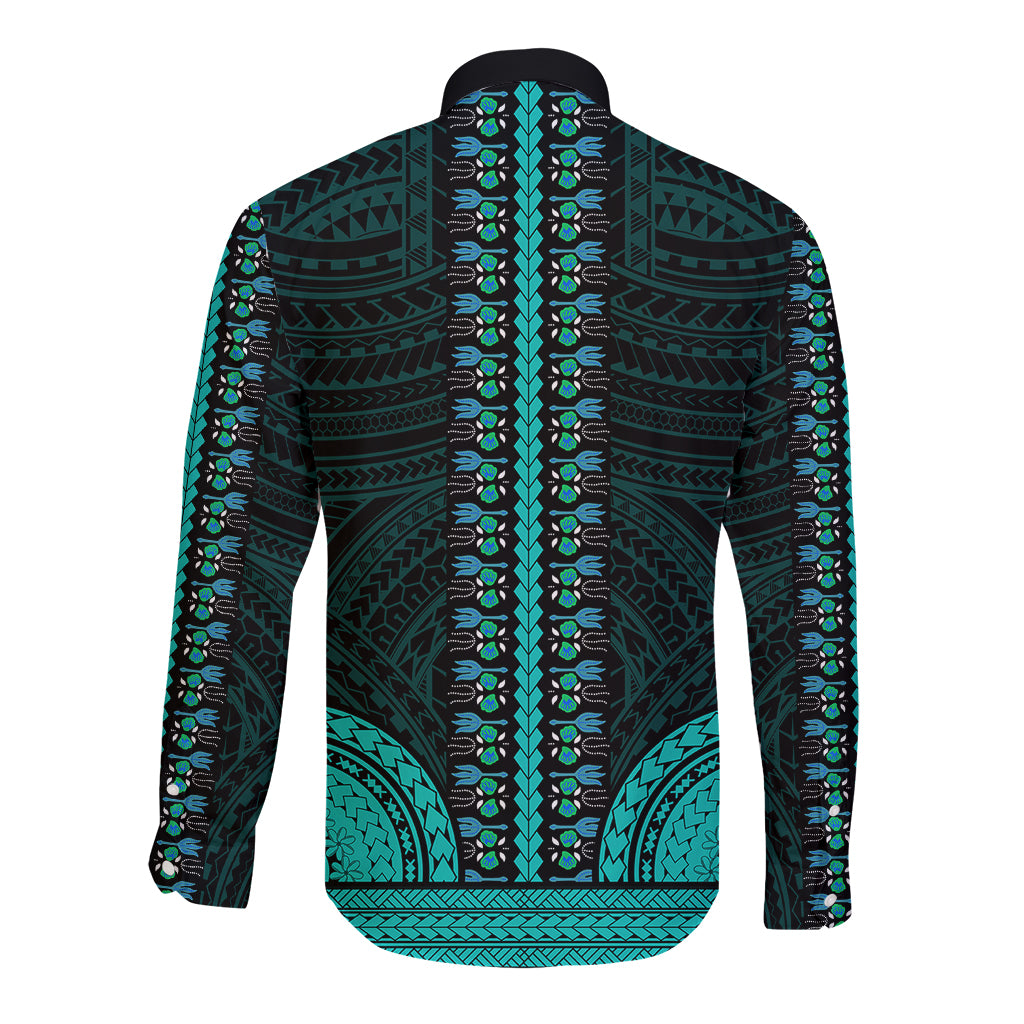 African Dashiki Long Sleeve Button Shirt With Polynesian Pattern - Teal - Wonder Print Shop