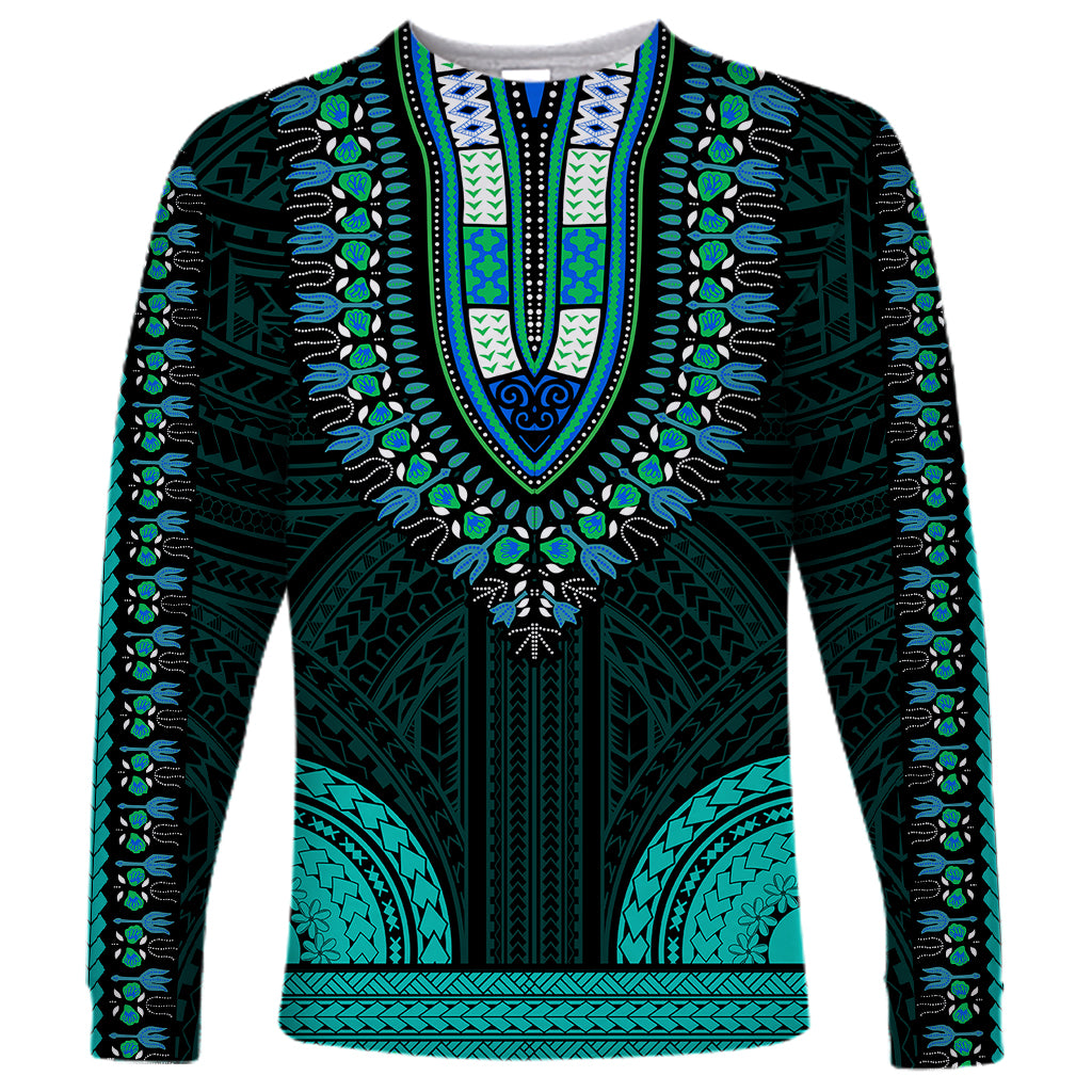 African Dashiki Long Sleeve Shirt With Polynesian Pattern - Teal - Wonder Print Shop