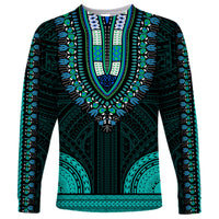 African Dashiki Long Sleeve Shirt With Polynesian Pattern - Teal - Wonder Print Shop