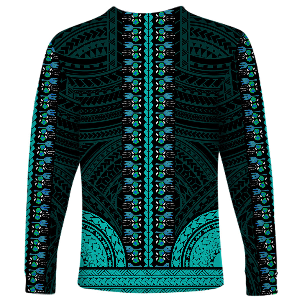 African Dashiki Long Sleeve Shirt With Polynesian Pattern - Teal - Wonder Print Shop