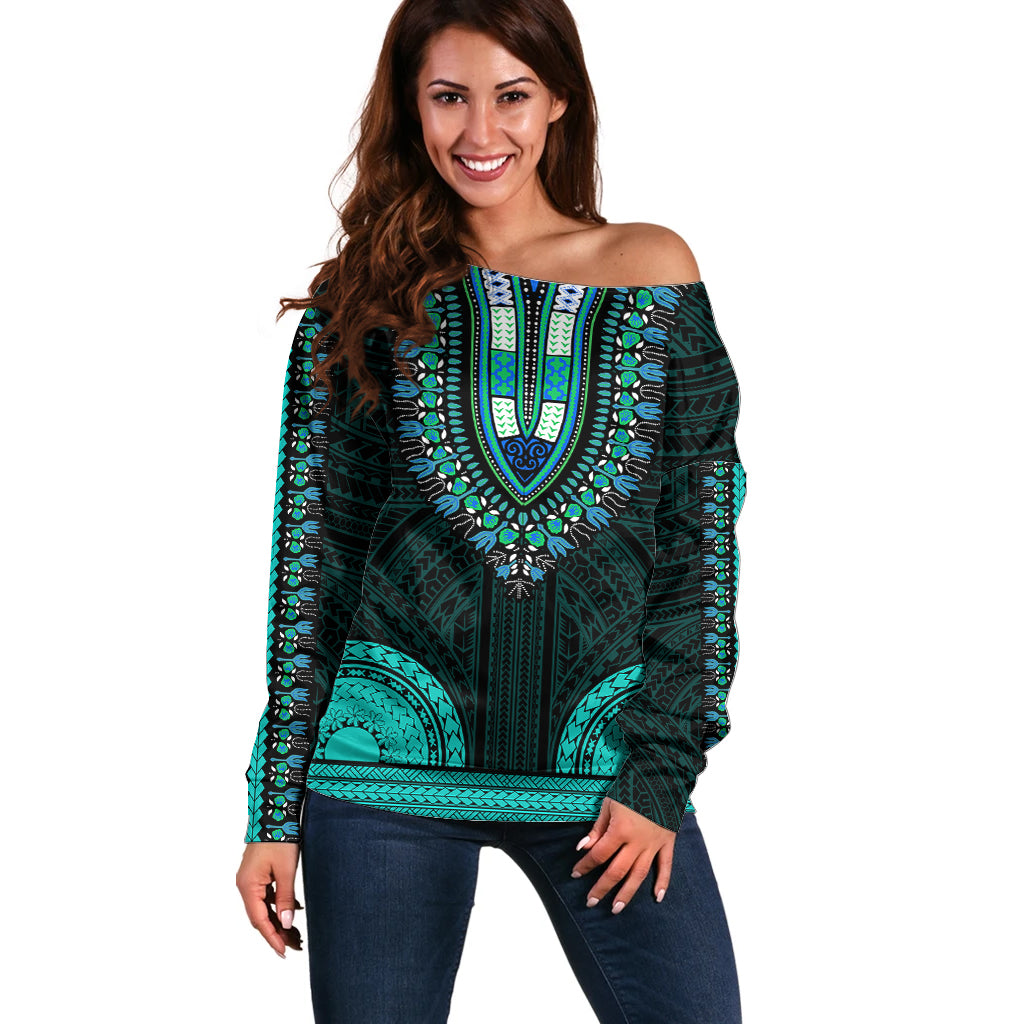 African Dashiki Off Shoulder Sweater With Polynesian Pattern - Teal - Wonder Print Shop