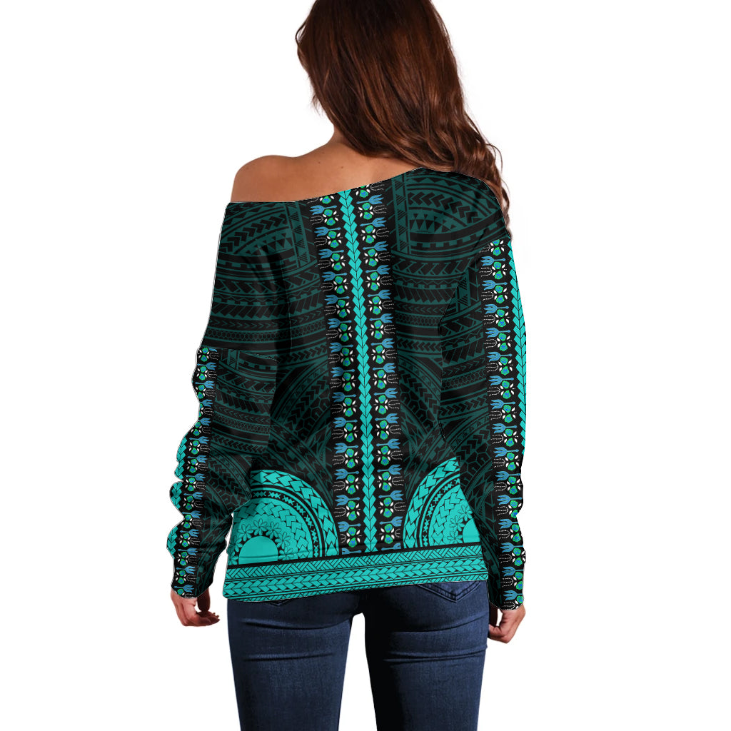 African Dashiki Off Shoulder Sweater With Polynesian Pattern - Teal - Wonder Print Shop