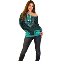 African Dashiki Off Shoulder Sweater With Polynesian Pattern - Teal - Wonder Print Shop