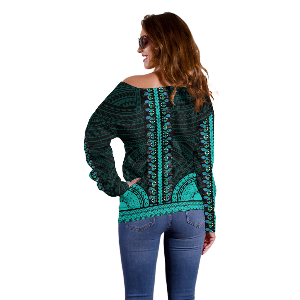 African Dashiki Off Shoulder Sweater With Polynesian Pattern - Teal - Wonder Print Shop