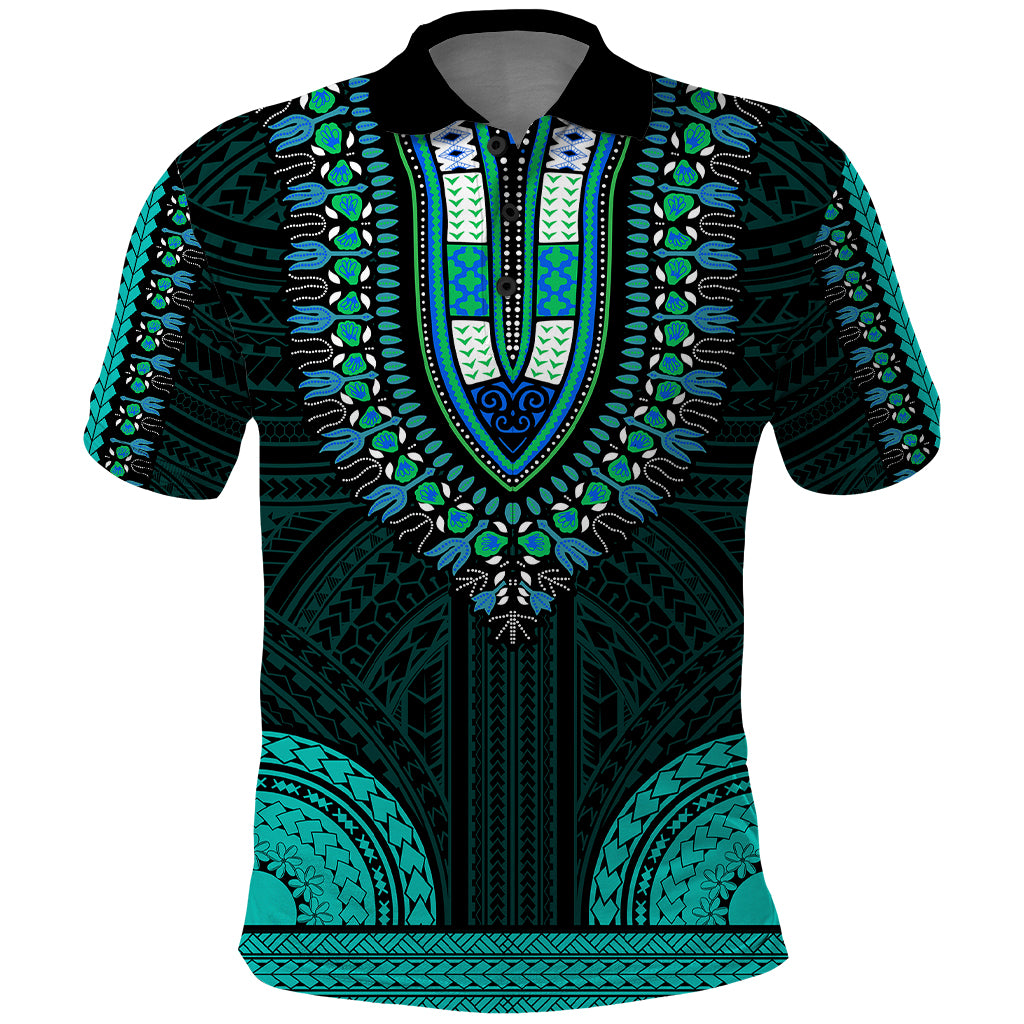 African Dashiki Polo Shirt With Polynesian Pattern - Teal - Wonder Print Shop
