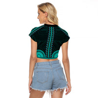 African Dashiki Raglan Cropped T Shirt With Polynesian Pattern - Teal - Wonder Print Shop