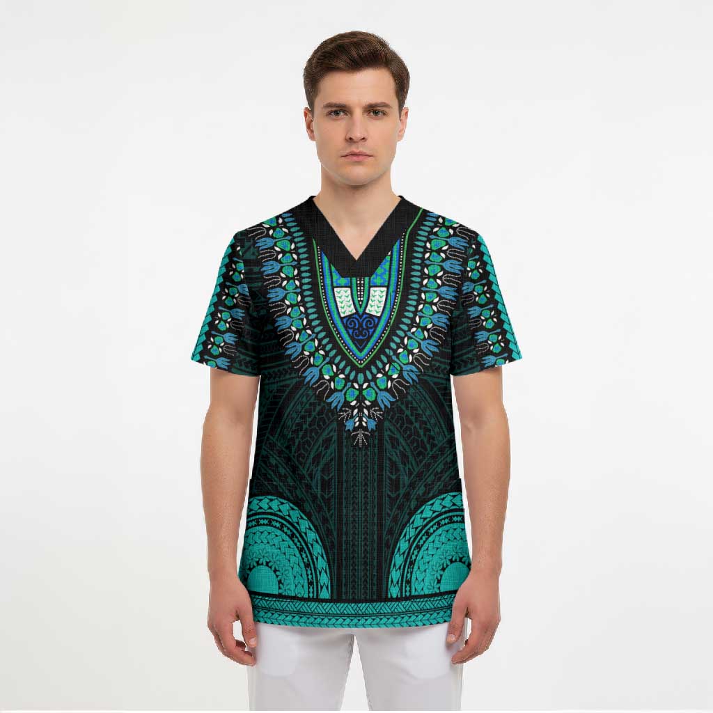 African Dashiki and Polynesian Pattern Scrub Top Teal
