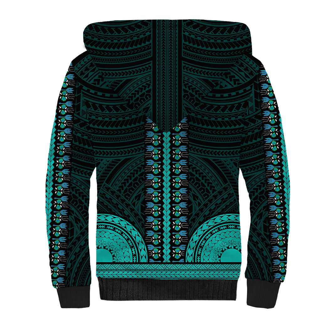 African Dashiki Sherpa Hoodie With Polynesian Pattern - Teal - Wonder Print Shop