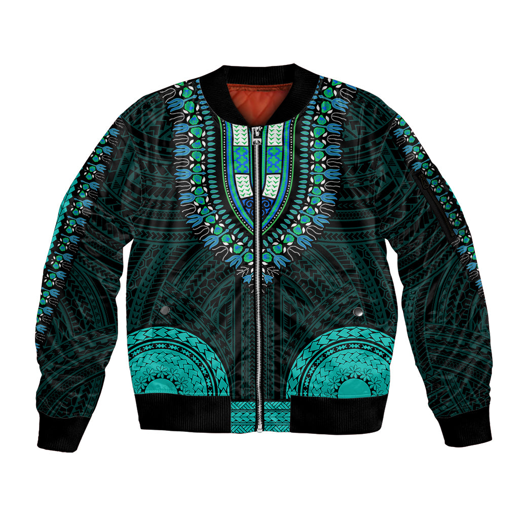 African Dashiki Sleeve Zip Bomber Jacket With Polynesian Pattern - Teal - Wonder Print Shop