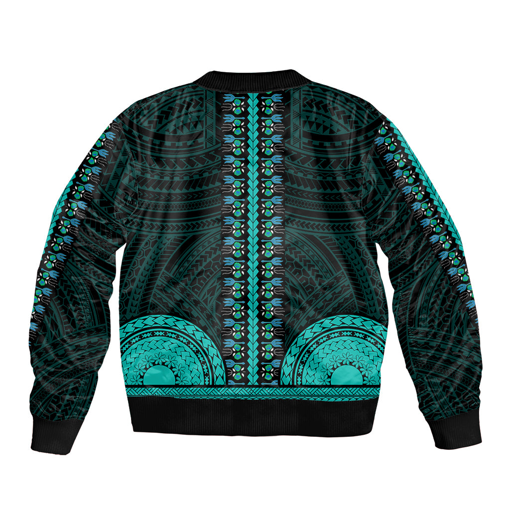 African Dashiki Sleeve Zip Bomber Jacket With Polynesian Pattern - Teal - Wonder Print Shop